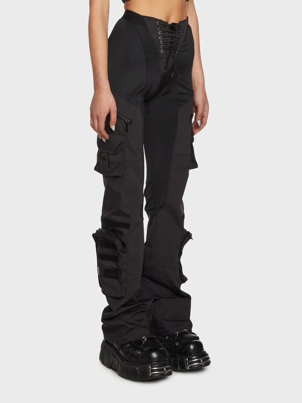 NWT Namilia Techno Stretch Cargo Pants Lace Up Front Multi Pocket Black Large